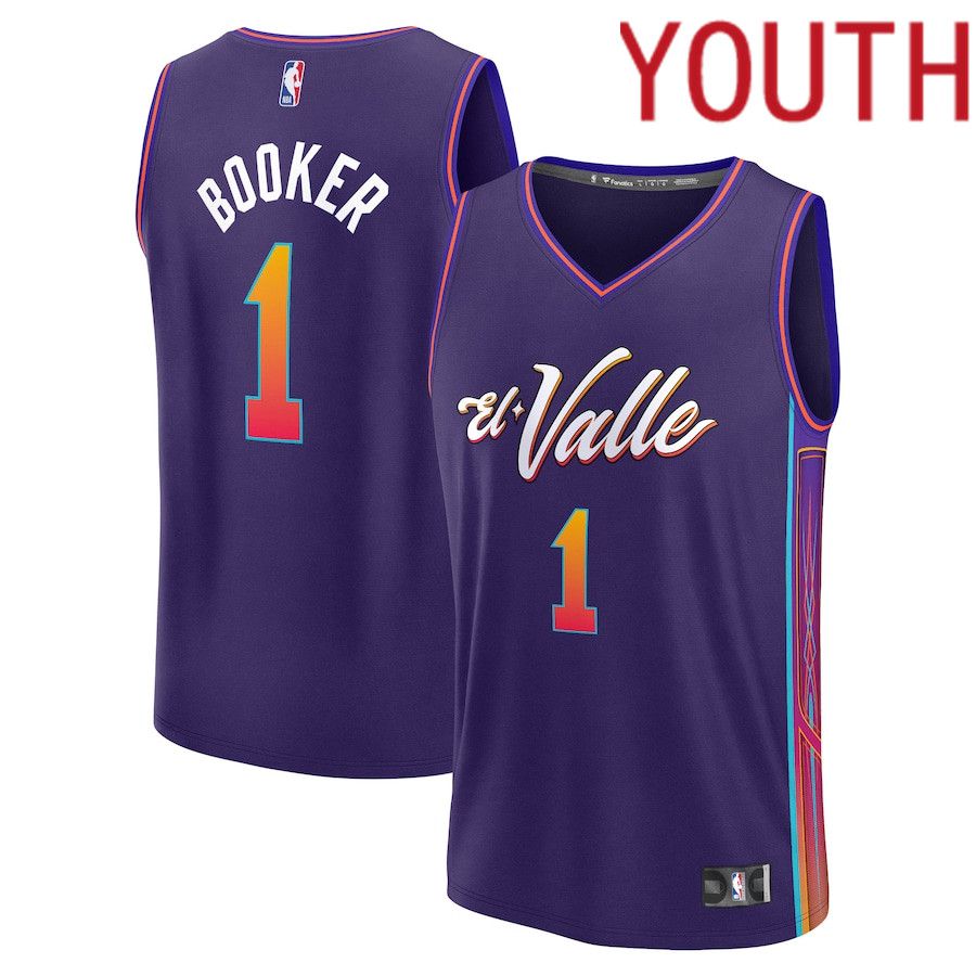 Youth Phoenix Suns 1 Devin Booker Fanatics Branded Purple City Edition 2023-24 Fast Break NBA Jersey